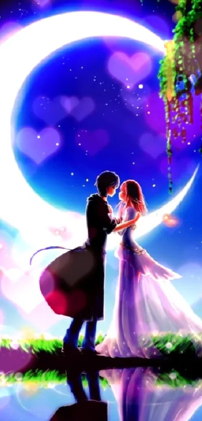 Couple silhouetted under crescent moon with a serene garden backdrop.