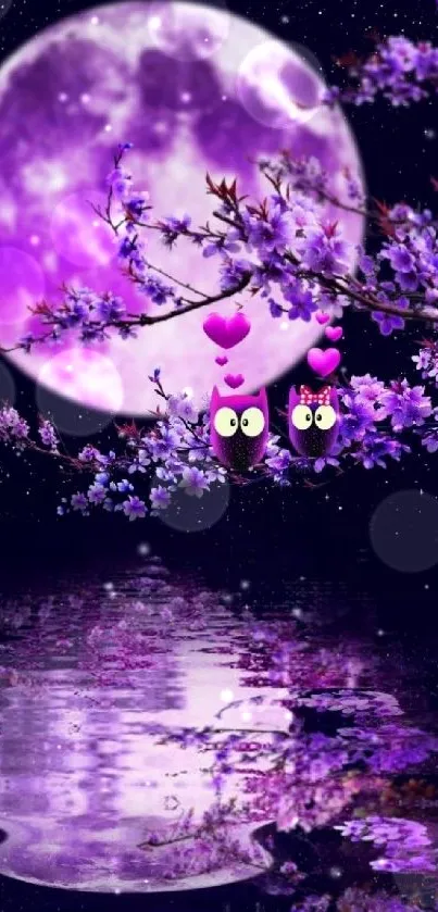 Romantic purple moonlit night with owls on a branch.