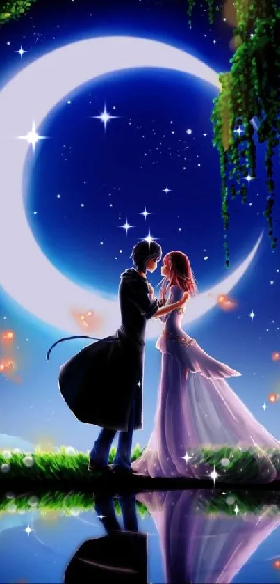 Romantic couple under moonlit sky with fireflies.