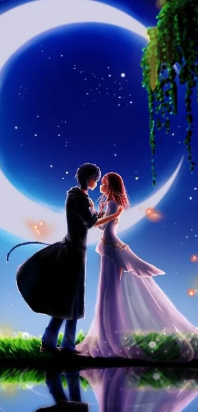 Silhouetted couple under crescent moon in starry night wallpaper.