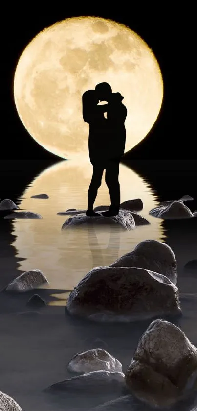 Silhouette of couple kissing under a full moon reflecting on water.