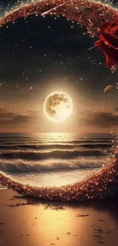 Moonlit ocean with roses and starry sky creates a romantic mobile wallpaper scene.