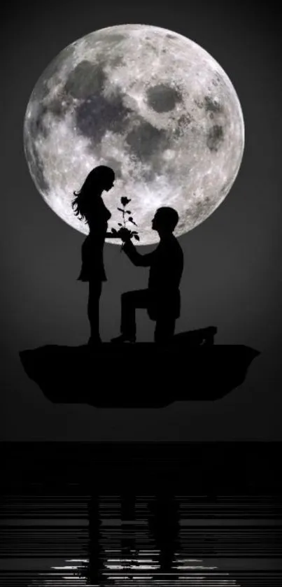 Silhouette couple proposal under full moon with reflection on water.