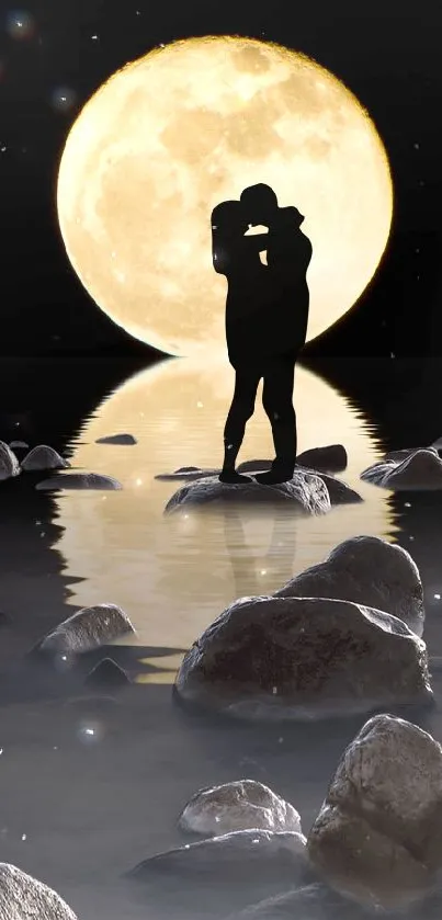 Silhouetted couple embracing under full moon over calm water with rocks.