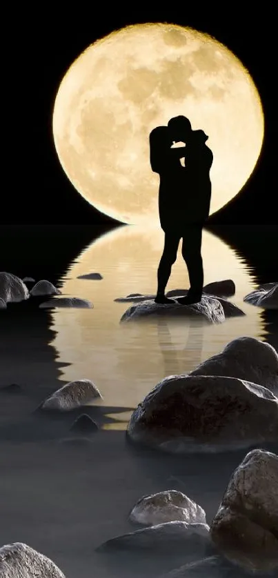 Silhouette couple kissing under a full moon reflecting on calm water.