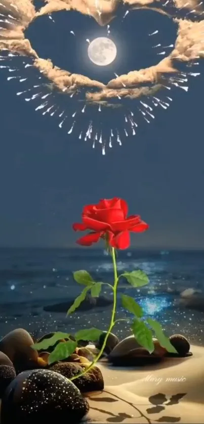 Romantic scene with a red rose under a heart-shaped moonlit sky.