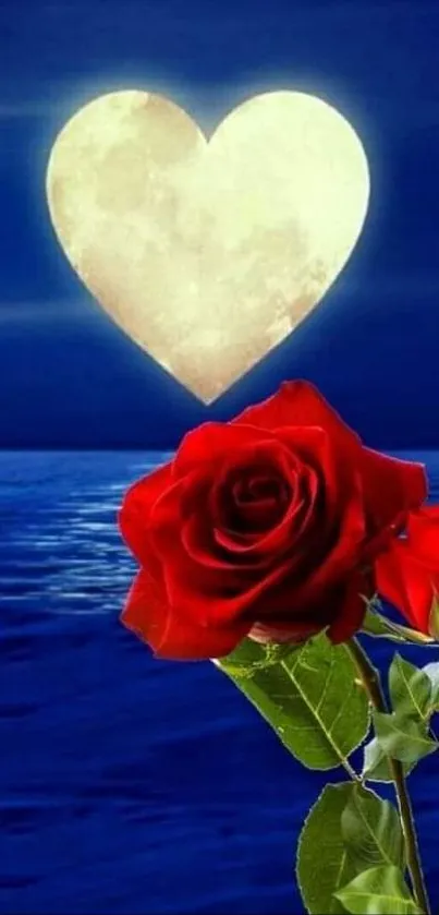 Romantic wallpaper with heart moon and red roses over ocean at night.