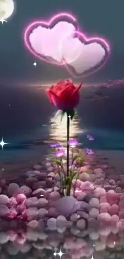 Romantic moonlit scene with rose and glowing hearts.