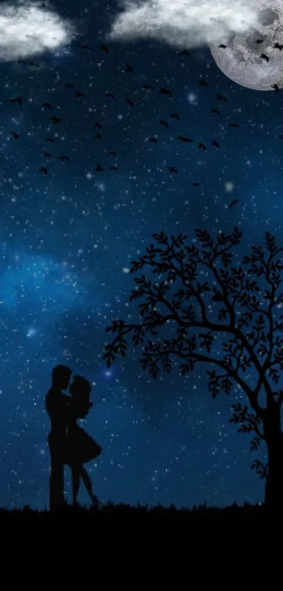 A couple's silhouette under a starry moonlit sky