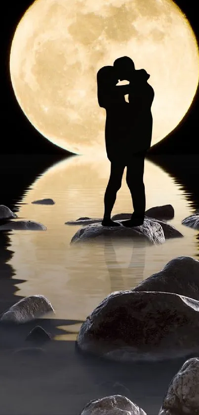 Romantic couple silhouette under full moon by water.