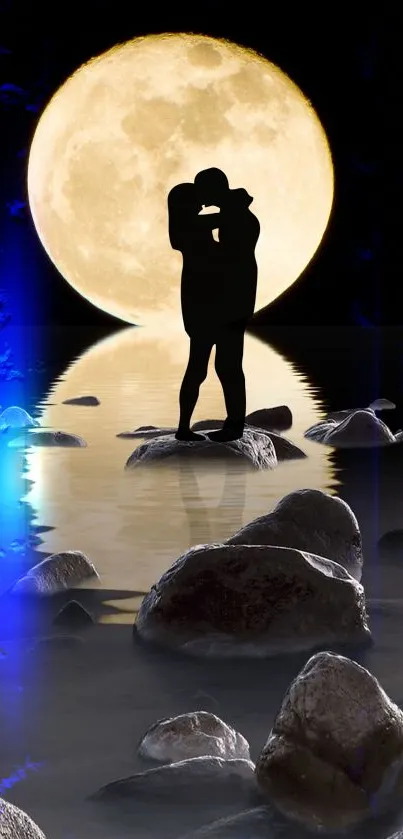 Silhouette couple under a full moon reflected in calm waters.