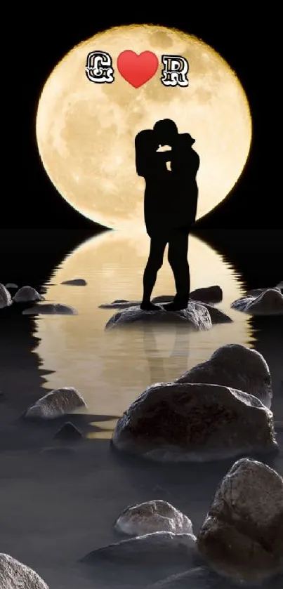 Silhouetted couple kissing under a full moon with a reflective water surface.