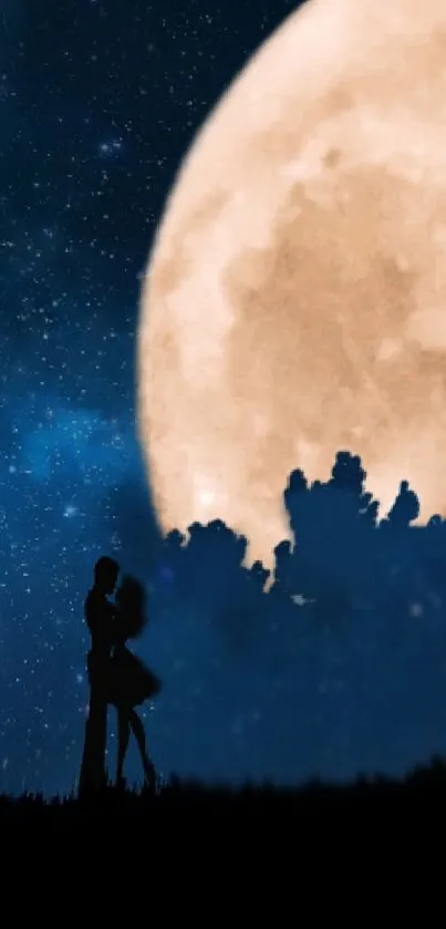 Couple silhouette under a large moon.