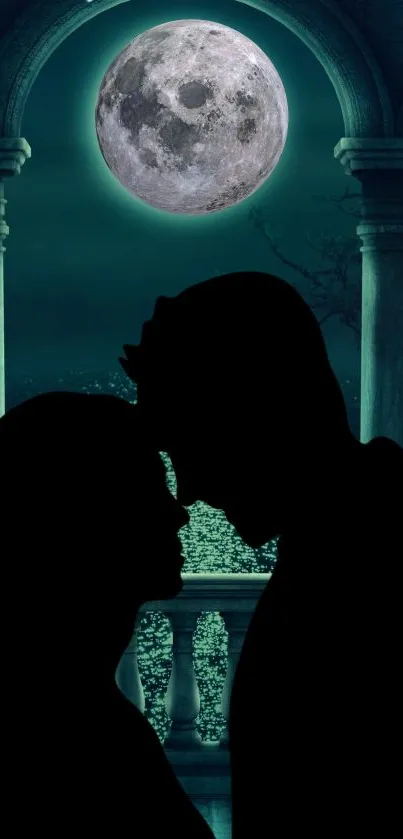 Silhouette of a couple embracing under a full moon with dark teal tones.