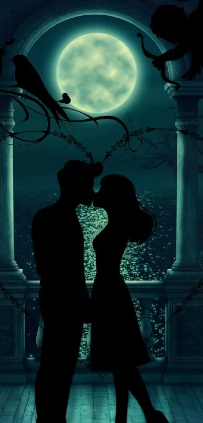 Romantic silhouette under a full moon night.