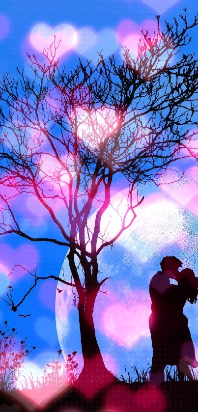 Silhouette of a couple kissing under a tree against a blue moonlit sky.