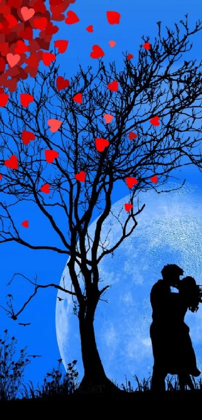 Romantic silhouette of couple under tree with blue moon and red hearts.