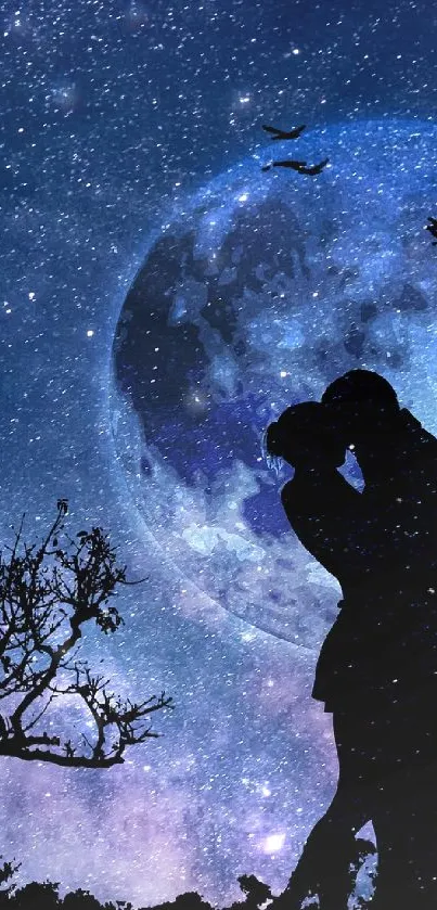 Silhouette of couple kissing under a moonlit night sky.