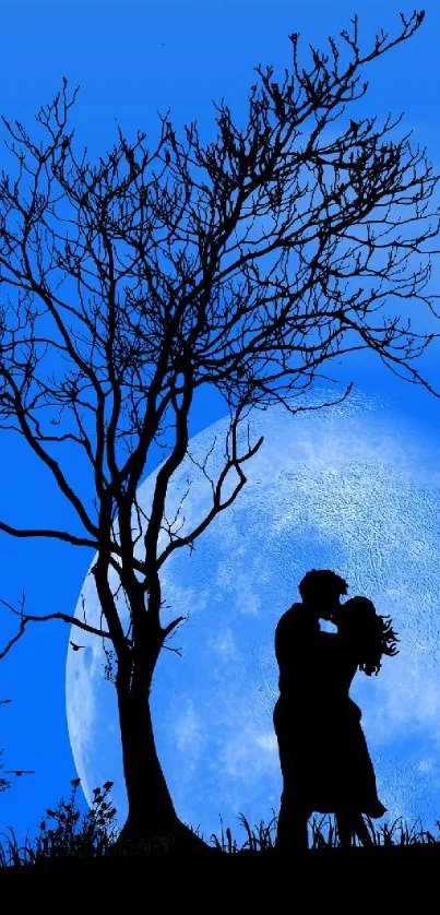 Romantic silhouette under a bright blue moon on a mobile wallpaper.