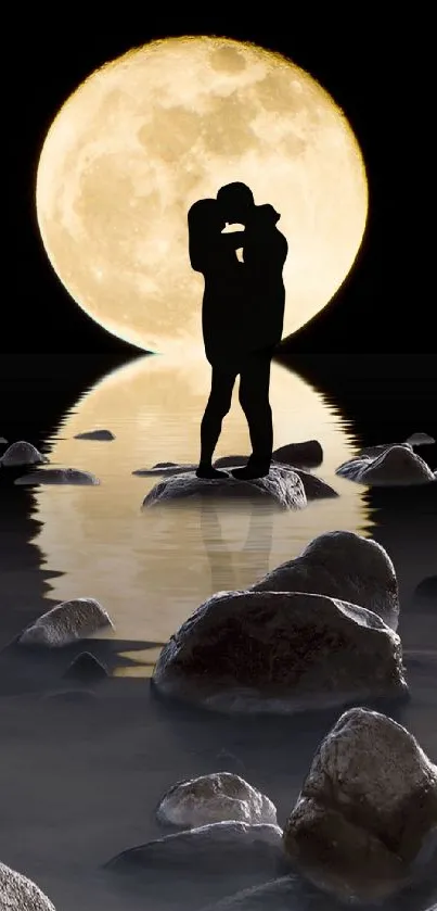 Romantic couple silhouette under full moon on rocky shore.