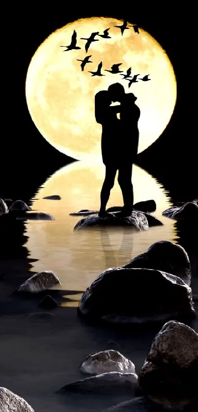 Romantic silhouette of a couple under a full moon with birds and water reflection.