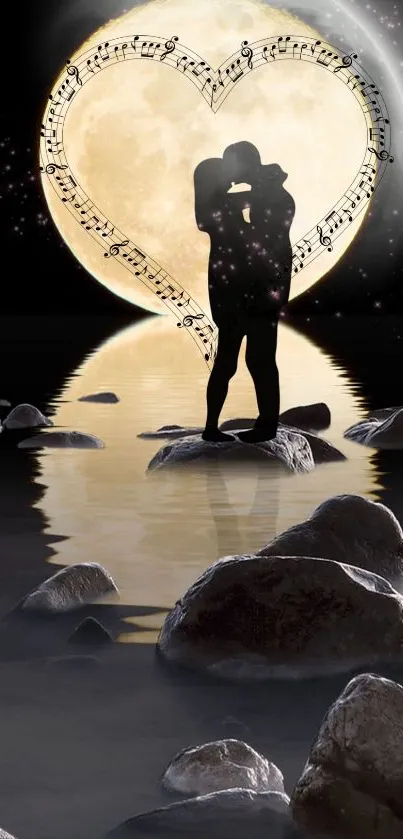 Couple silhouette kissing under a moonlit sky with heart and musical notes.