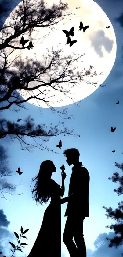 Silhouette of a couple beneath a full moon with butterflies.