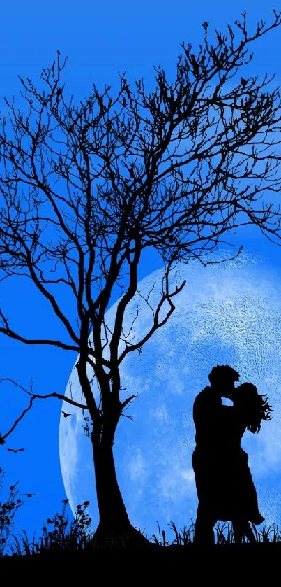 Silhouetted couple kiss under a blue moonlit sky.