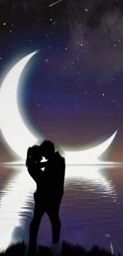 Silhouetted couple against a crescent moon over water at night.