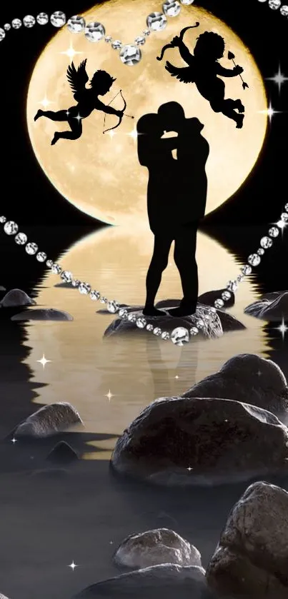 Romantic silhouette under moonlight with cherubs and sparkling water reflection.