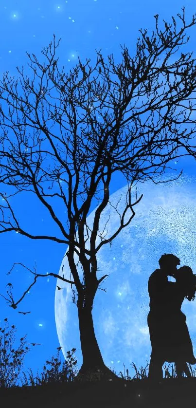 Romantic couple silhouette under moonlight with blue sky and tree.