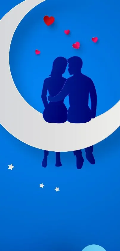 Romantic couple silhouette on crescent moon with blue sky background.