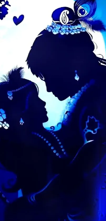 Silhouette of a couple in a romantic, moonlit scene against a dark blue sky.