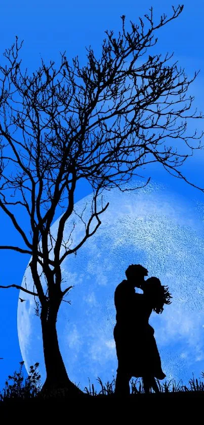 Silhouetted couple under a vibrant blue moonlit sky.