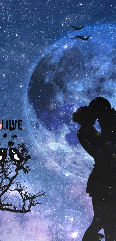 Silhouetted couple kissing under a large moon with a starry night sky background.