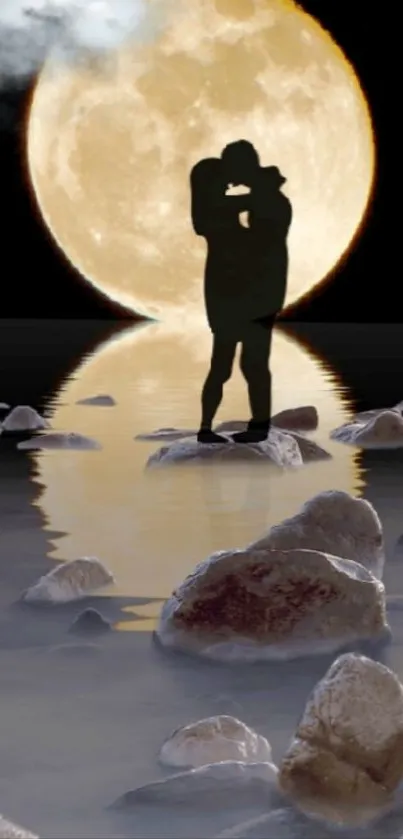 Silhouette of a couple kissing in front of a full moon with water reflection.