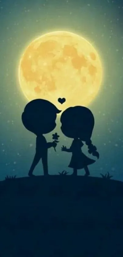 Silhouette of a romantic couple under a full moon night.