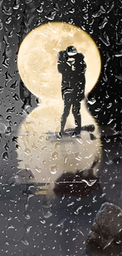 Silhouette of a couple in rain with moonlight background on wallpaper.