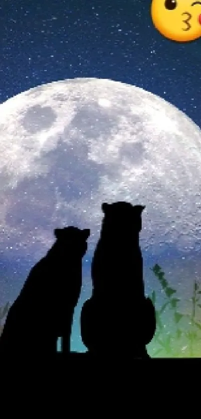 Silhouette of cats under a moonlit night sky with a kiss emoji.