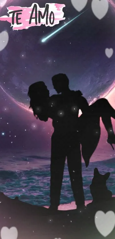 Romantic silhouette of a couple under a starry sky with heart shapes.