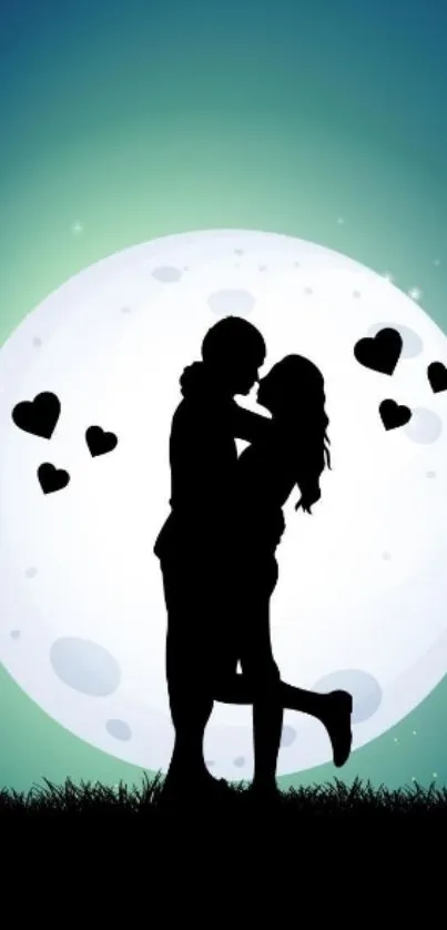 Silhouette couple kissing under a full moon with floating hearts.