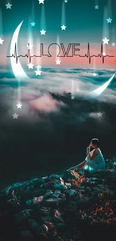 Romantic scene with moonlit sky and clouds, featuring a serene figure sitting.