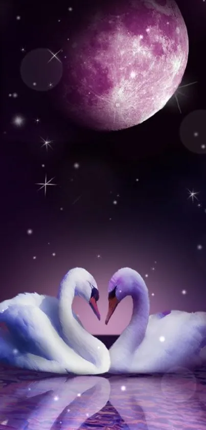 Romantic swans with pink moonlit background.