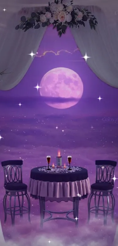 Romantic purple dining setup under moonlight with flowers and drapes.