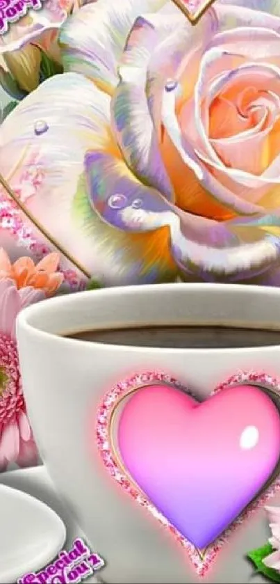 Romantic coffee wallpaper with roses and hearts.