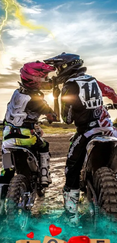 Romantic motocross couple under dramatic sky.