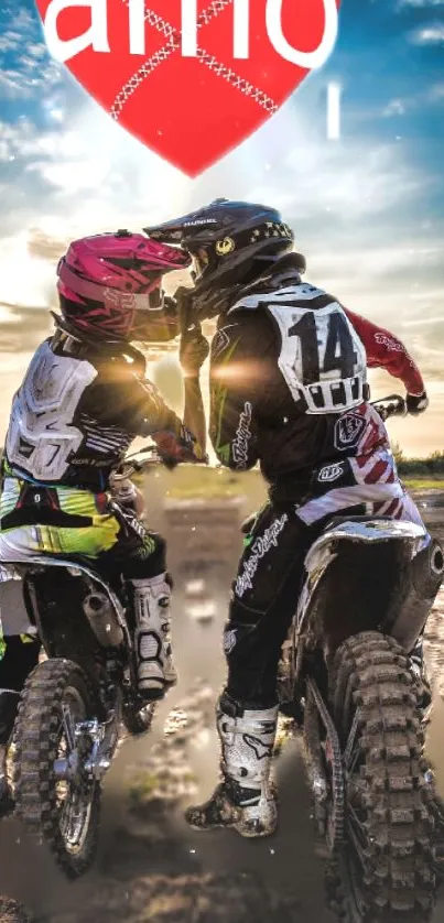 Couple on dirt bikes sharing a moment during a romantic sunset ride.