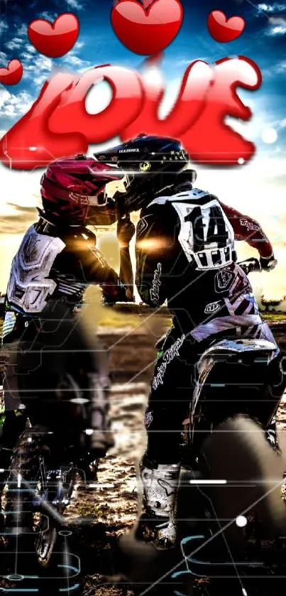 Romantic motocross couple at sunset with vibrant red love art.