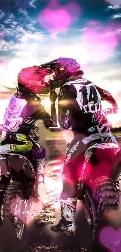 Two motocross riders embrace at sunset with pink glowing hearts.