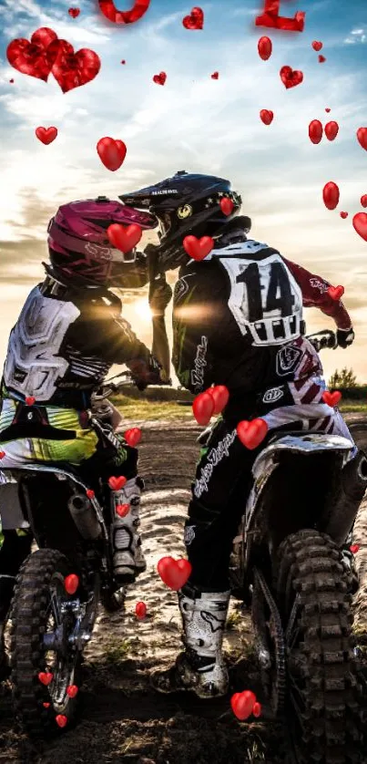 Romantic motocross riders with heart accents at sunset.